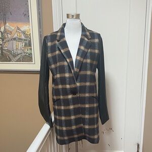 Double Zero Plaid Blazer with Black Faux Leather Sleeves